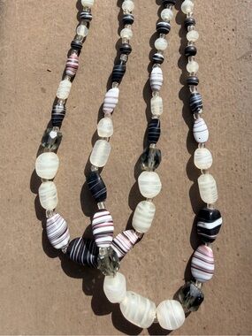 Vintage Japan Glass Double Strand Black White Brown Clear Glass Bead Necklace